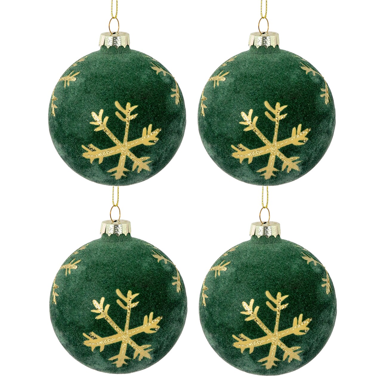 Northlight Velvet Glass Christmas Ball Ornaments with Gold Snowflakes - 3" (75mm) - Green - 4ct